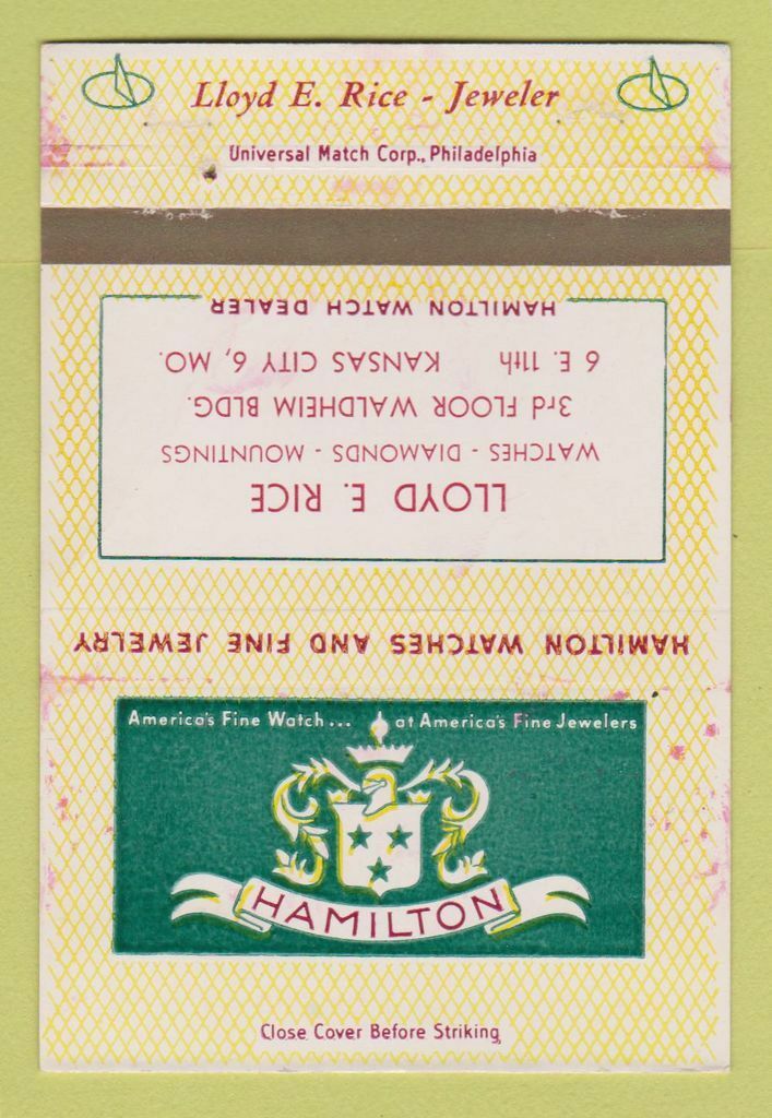 Matchbook Cover Hamilton Watches Rice Jewelry Kansas City MO WEAR 40