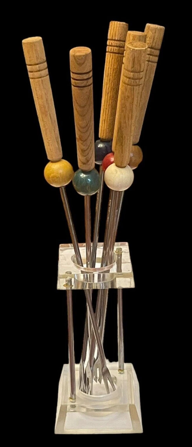 VTG Wood Fondue Forks Color-Coded & Acrylic / Lucite Stand Stainless Steel Japan