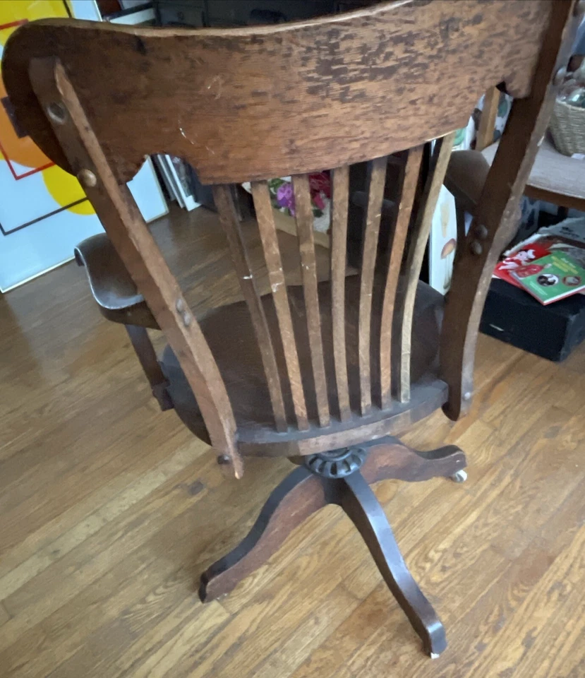 Antigua silla de oficina giratoria de madera con brazos Brooklyn Chair Company etiqueta Foto 4 de 4