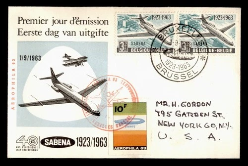 DR WHO 1963 BELGIUM FDC SABENA FIRST FLIGHT ANIV CACHET AEROPHILA w29512
