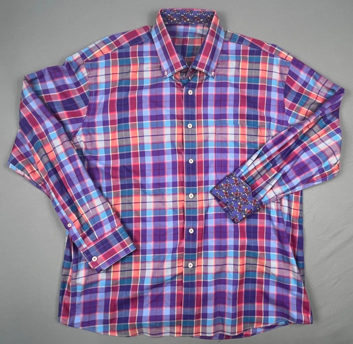 Alan Flusser Plaid Long Sleeve Floral Flip Cuff, Men’s XL , 100% Cotton
