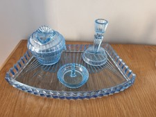 Vintage Art Deco Glass Dressing Table Vanity Set Blue Glass Pre-owned