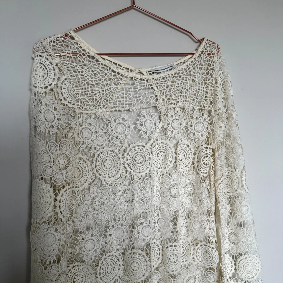 Vestido de mujer American Eagle grande marfil manga campana boho festival ganchillo vaquera Foto 3 de 4