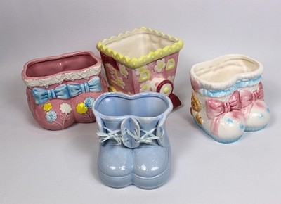 Vintage Baby Bootie and Train Planter LOT Napco Russ Nursery Shower Birth