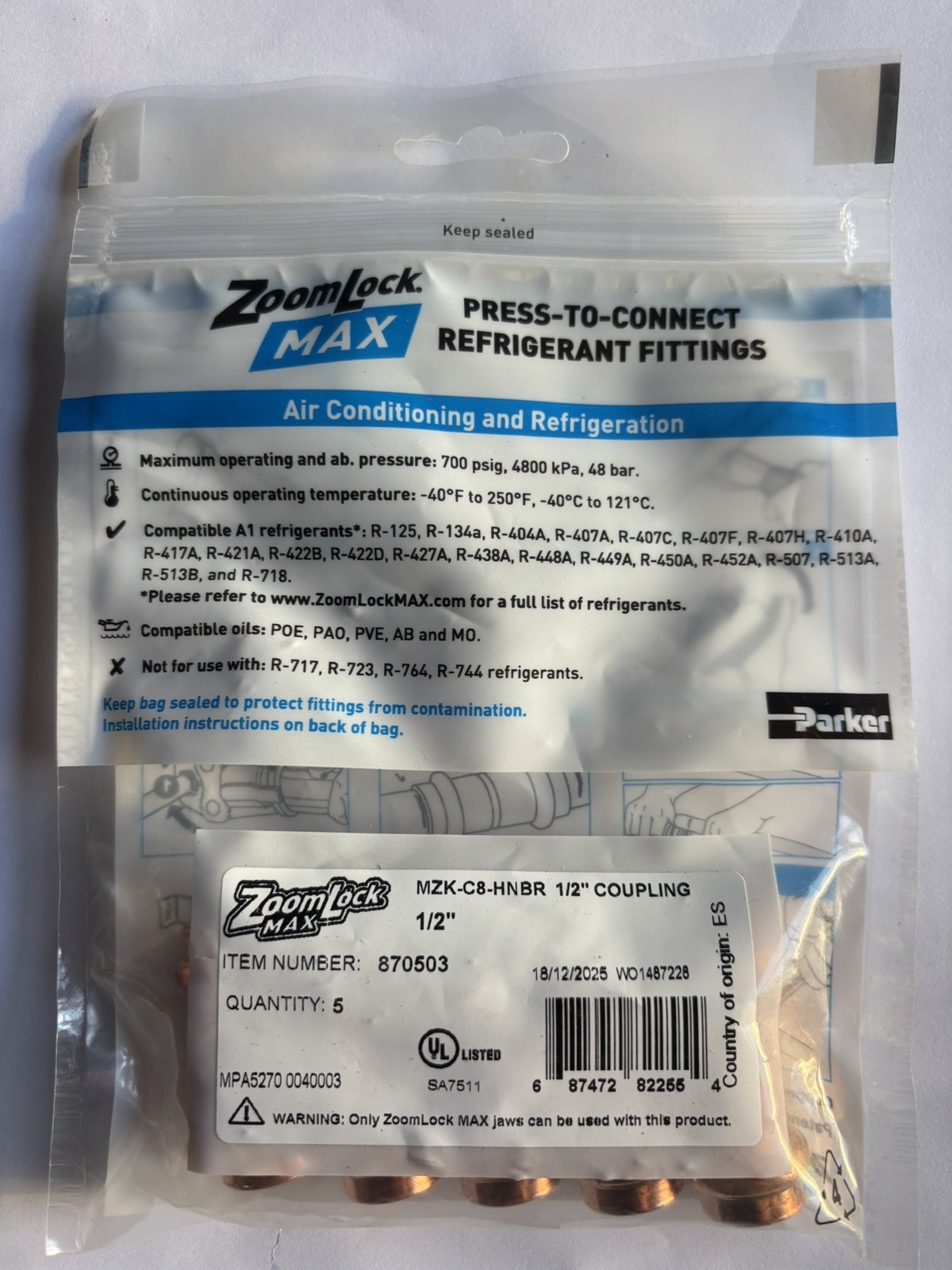 Parker MZK-C10-HNBR 1/2" ZoomLock MAX Coupling Press To Connect Refrigerant