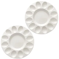 2 Pack White Ceramic Deviled Egg Serving Platters 10 Inch Round Trays Holds 12