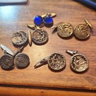Vintage Brass Blue Glass Round Cufflinks Steamboat Hunting Farming Heraldic — photo 1