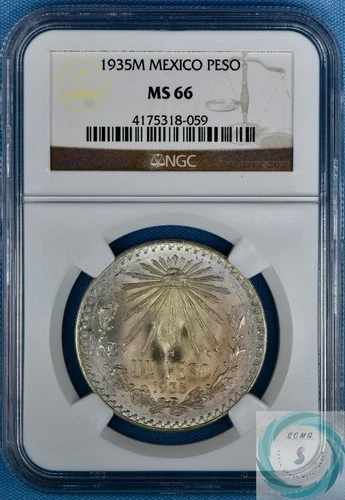 1935-Mo Mexico Silver Un Peso NGC MS66 - Champage Gold and Violet Lavender!