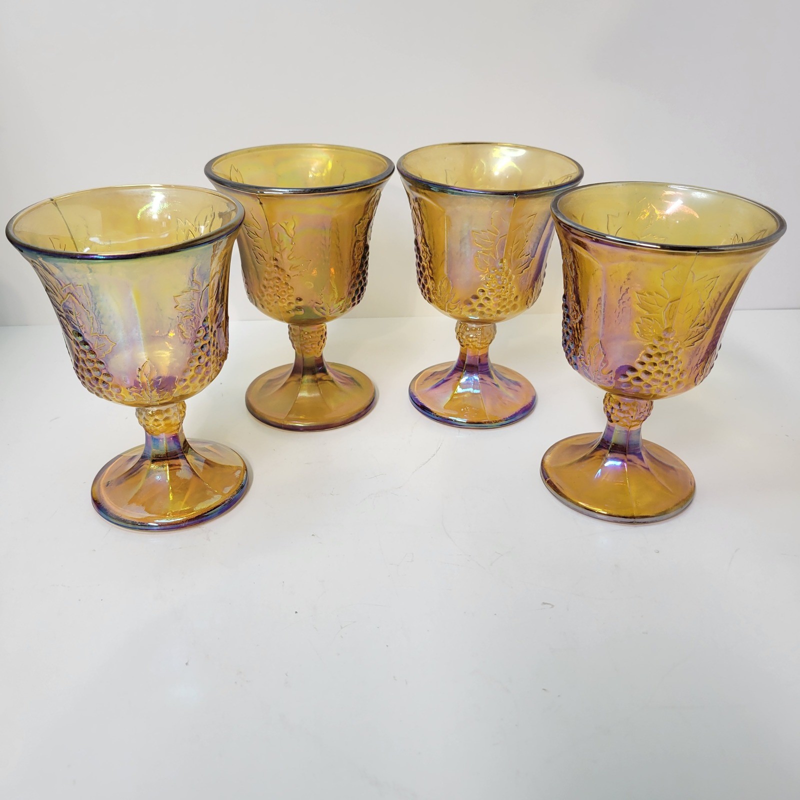 Vintage Indiana Glass Harvest Grape Carnival Iridescent Amber Wine Goblets