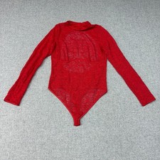 Unbranded Red Lace Bodysuit Small Long Sleeve Open Back Mock Neck Sheer Thong