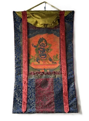 HAND-PAINTED VAJRAPANI TIBETAN THANGKA PAINTING WITH SILK BROCADE- OIL VARNISHED