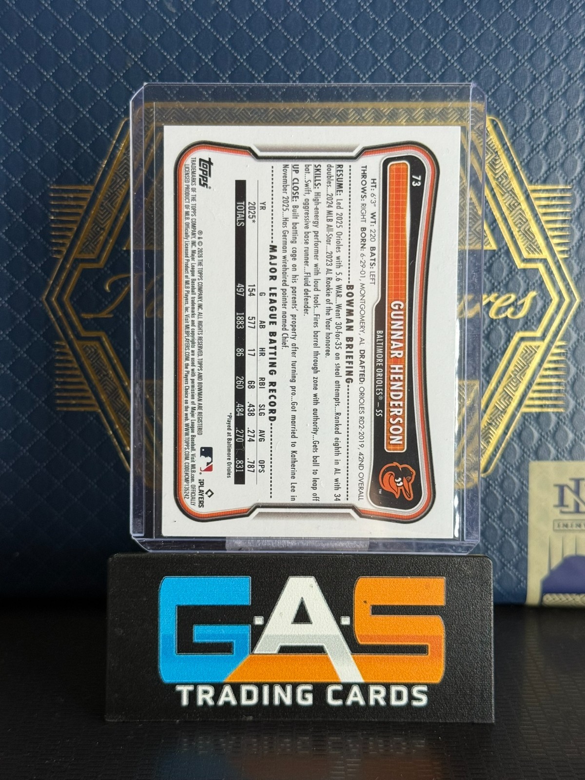 2026 Bowman Gunnar Henderson #73 Fuchsia Border /299 Orioles view 2