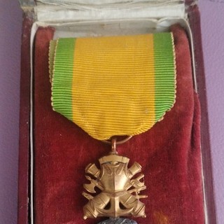 Médaille Valeur et Discipline France avec ruban vert/jaune et écrin
