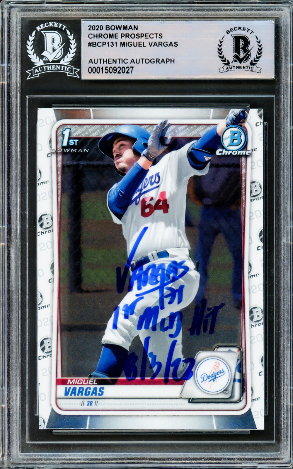 Miguel Vargas Auto 2020 Bowman Chrome RC BCP-131 Dodgers 1st MLB Hit 8/3/22 BAS