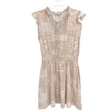 LOFT Tan White Floral Tile Print Smocked Waist Ruffle Mini Dress M Cap Sleeve