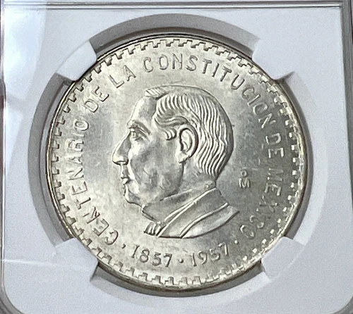 1957 Mexico 10 Pesos Silver Constitution Centennial NGC MS63 KM-475 - 95466