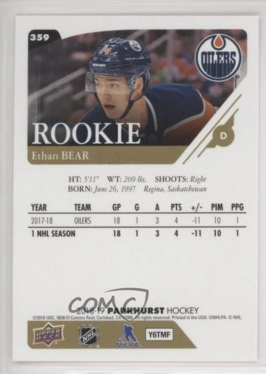 2018-19 Upper Deck Parkhurst Rookies Ethan Bear #359 Rookie RC - Image 2 of 2
