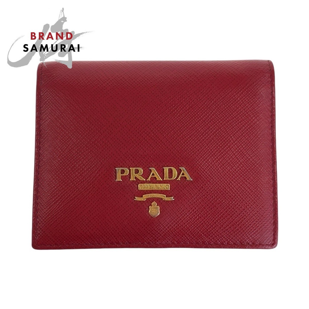 PRADA Saffiano Leather Red Gold Hardware Compact Folding Wallet for Women