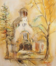 Impressionist landscape oil painting church signed