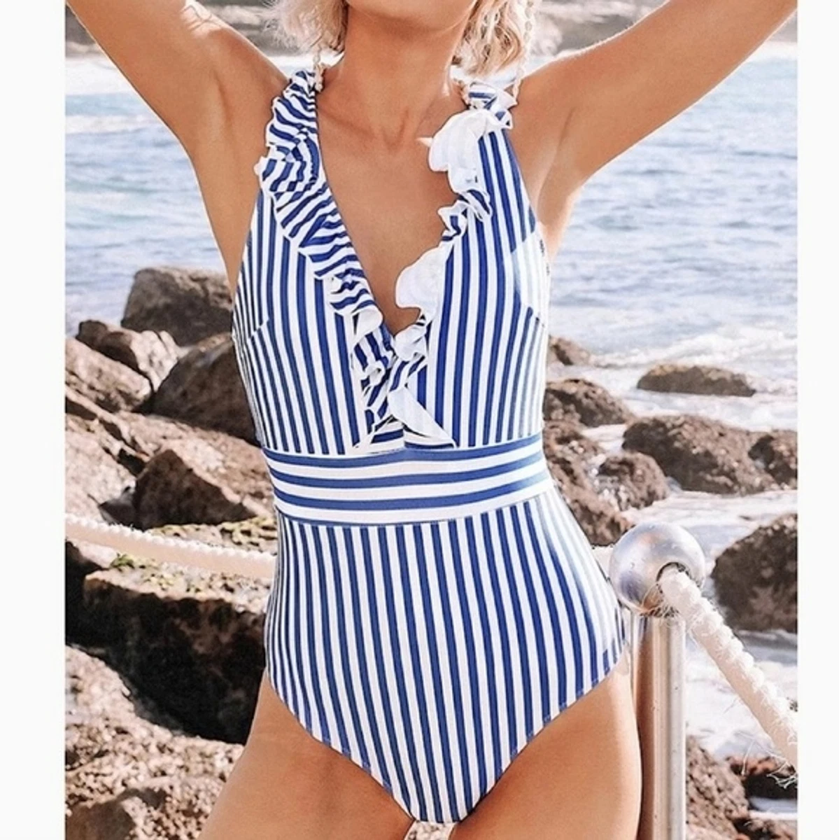 Cupshe blue and white striped one piece sale