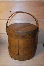Antique Wooden 10-1/2" Primitive Nailed Band Staved Firkin Sugar Bucket w/ Lid