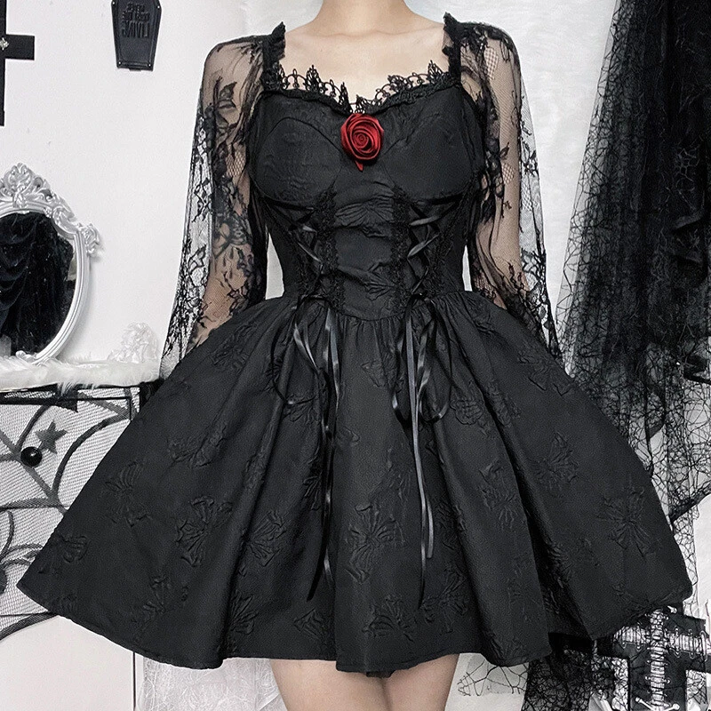 Women Dress Mini A line Long Sleeve Lace Gothic Steampunk Punk