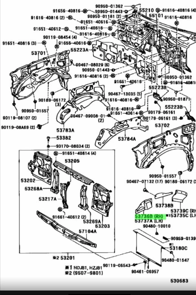 SELLO ORIGINAL TOYOTA, FALDÓN GUARDABARROS DELANTERO A CUADRO, N.º1 RH 53736-60010 Foto 4 de 4