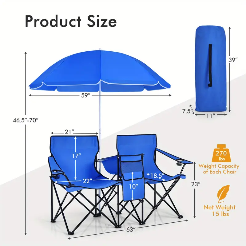 Giantex Double Camping Chair With Umbrella - 2-Person Folding Loveseat With Cooler & Carrying Bag