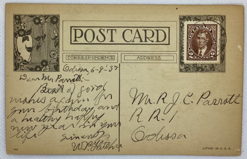 Postcard Happy Birthday Message Red Roof Cottage Fountain 1937 H19 - Picture 2 of 2