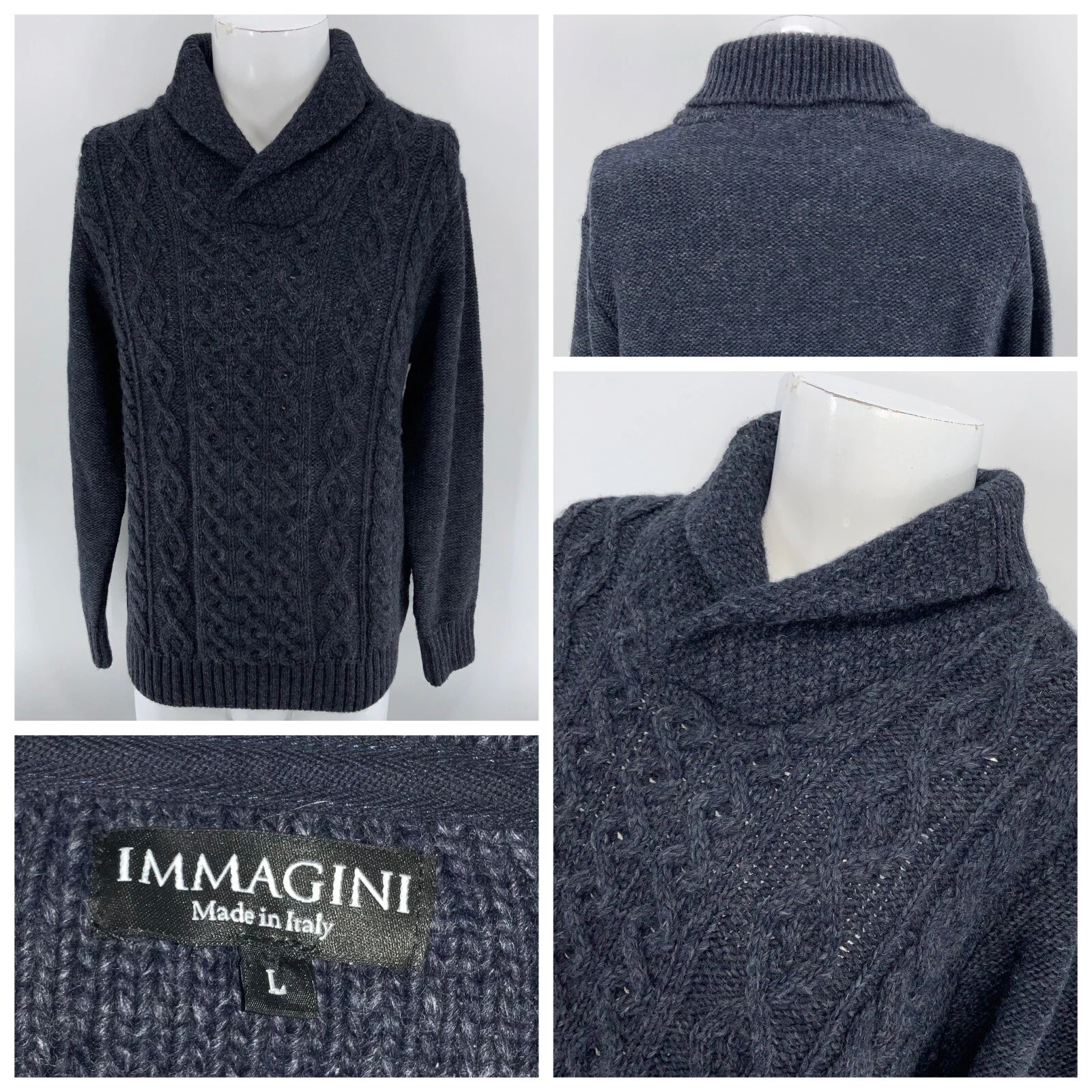 Immagini Fisherman Sweater L Blue Wool Made in Italy Cable Knit YGI W3-43