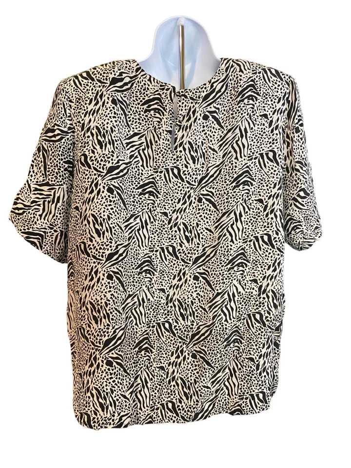 Blusa de seda vintage informal de esquina para mujer con estampado de animales grande negra blanca mafia esposa Foto 2 de 4
