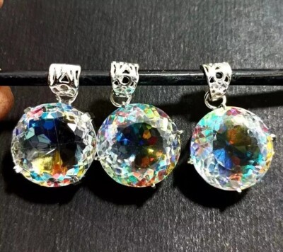 Round Cut Mystic Topaz Natural 300 Ct 3 Pieces 925 Solid Silver Pendant Gemstone