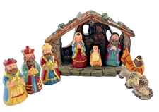 Miniature Christmas Nativity Set Creche + 9 Pieces Hand Painted Resin Figures