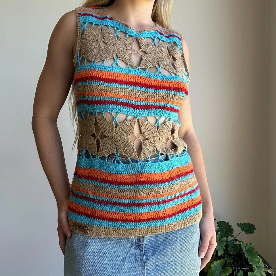 Billabong женщин 12 винтажный бежевый, оранжевый, красный и синий крючком в полоску Топ - Изображение 2 из 4