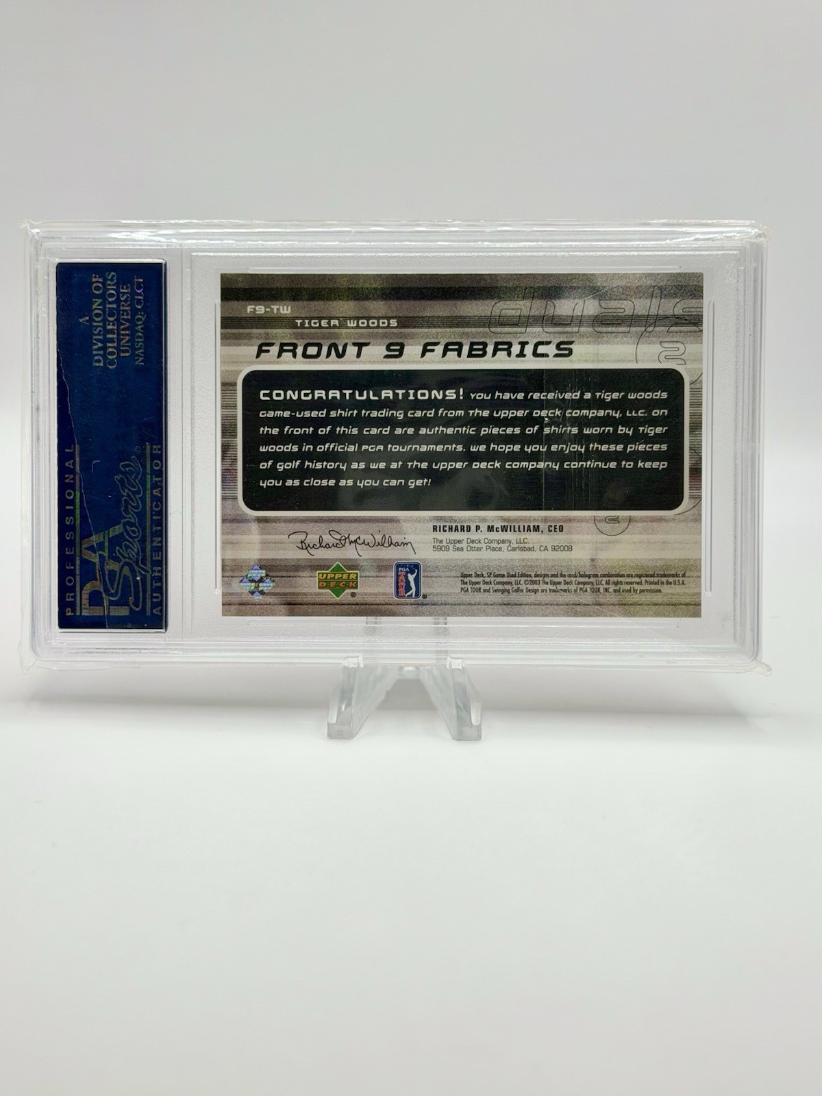 2003 SP Game Used Edition Front Nine Fabrics Tiger Woods #F9-TW Duals /100 PSA 9 view 2