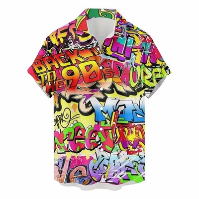 Herren Button Down Retro Back to the 90s Graffiti Neon Hawaii Oberteil Sommer Hemd