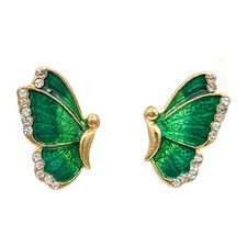 Gold Tone Green Enamel Butterfly Stud Earrings Rhinestone Wings 1"