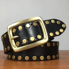 Real Leather Waist Belt Heavy Metal Brass Rivet Studded Unisex Punk Waistband