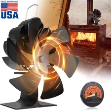 6 Blade Stove Fireplace Fan - Eco Heat Powered for Wood/Log Burner + Thermometer