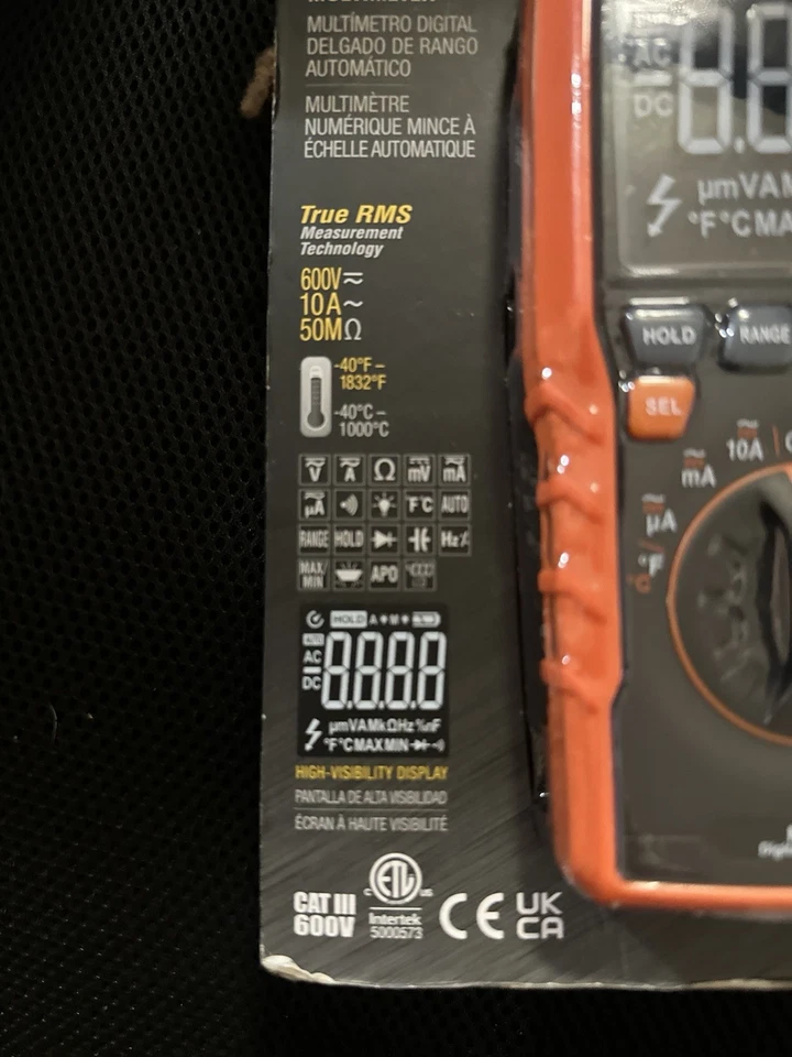 Multímetro digital delgado de rango automático Klein Tools MM450 600V 10A 50 ohmios TRMS nuevo Foto 4 de 4