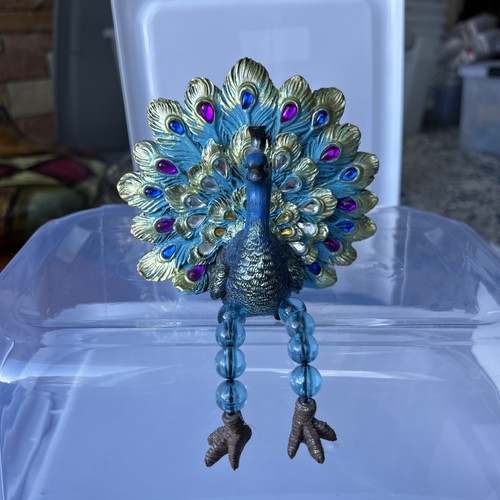 Peacock Beautiful Heavy Jeweled Shelf Sitter Red,Clear & Blue Stones Beaded Legs