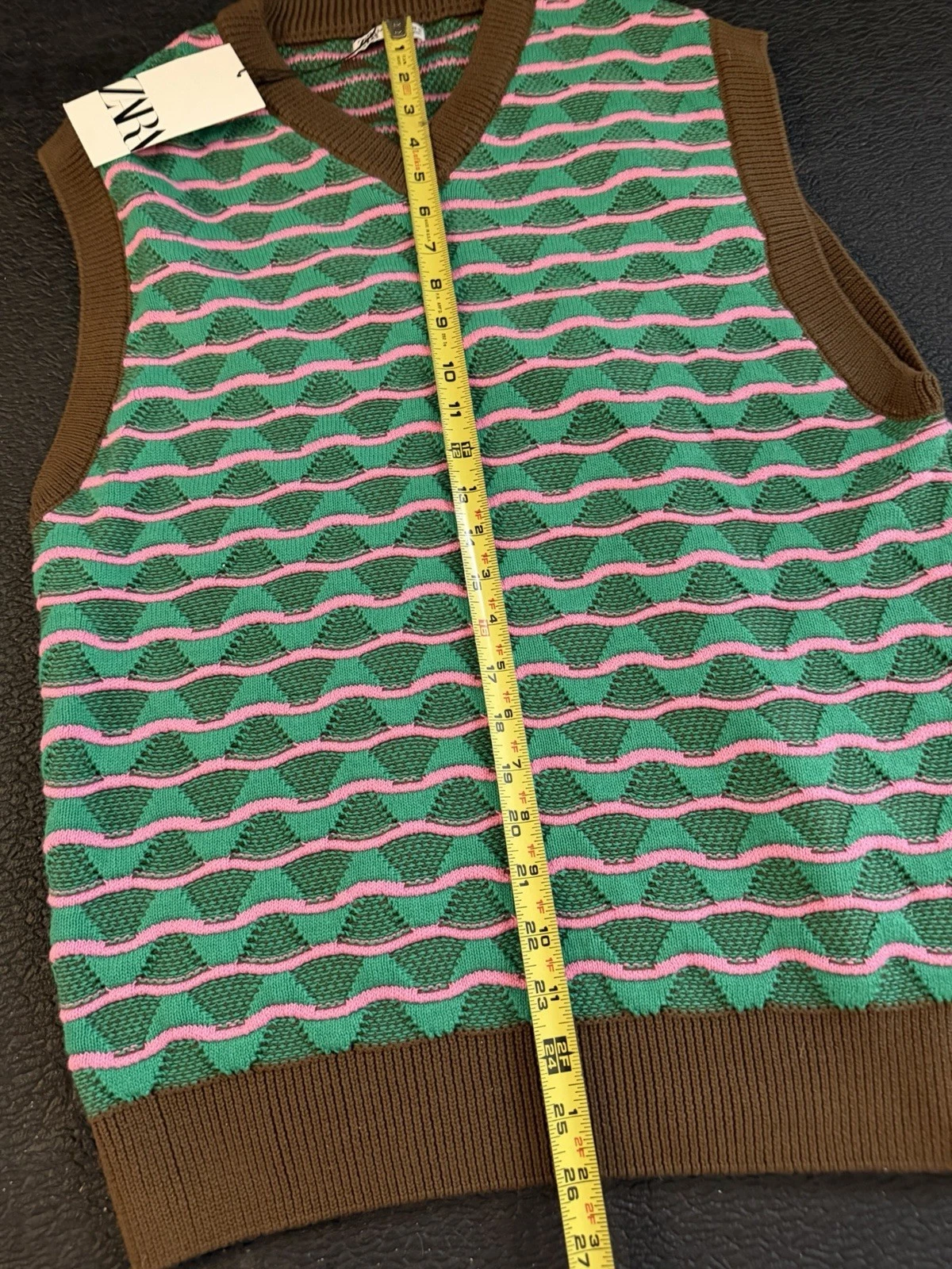 Zara Men’s V-Neck Sleeveless Knit Sweater Vest Striped Green Pink Brown S/M - product detail image 11