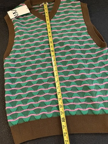 Zara Men’s V-Neck Sleeveless Knit Sweater Vest Striped Green Pink Brown S/M image 11