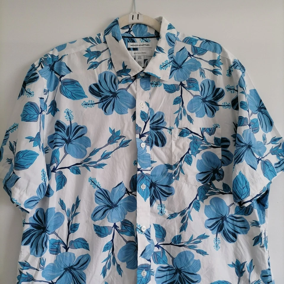 Amazon Essentials Mens Blue Floral Print Hawaiian Regular Button Up Shirt Sz XL - Image 2 of 4
