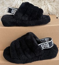 UGG Fluff Yeah Slide Black Fur Slippers Logo Strap US Size Women s Size 7