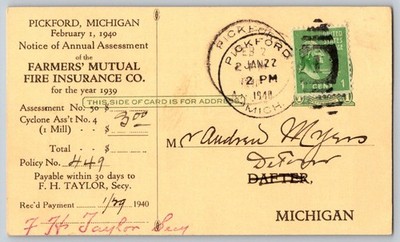 1939 Michigan Farmers Mutual Fire Insurance Annual Statement - Pickford & Dafter