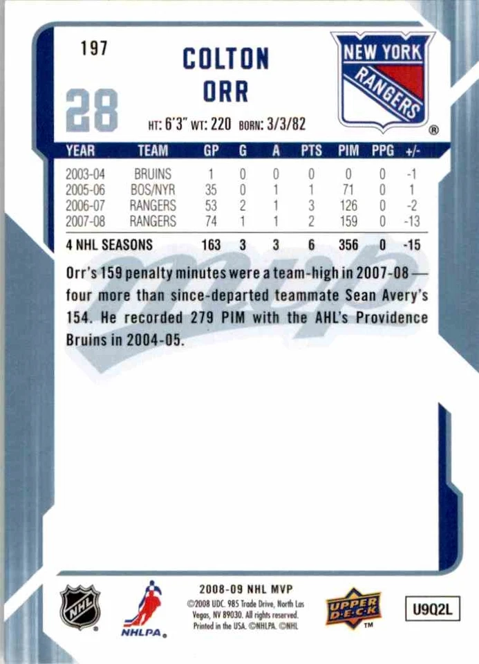 2008-09 Upper Deck MVP Colton Orr #197 - Image 2 of 2