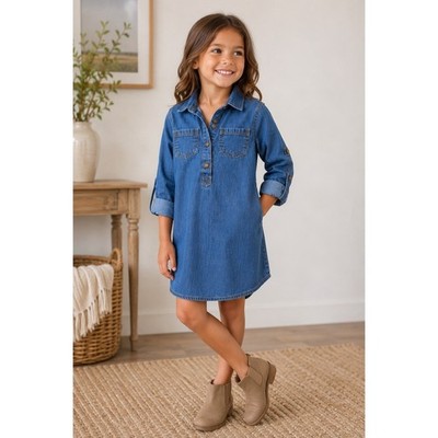 OshKosh B'gosh Girls Blue Denim Shirt Dress Long Sleeve Roll Tab Size 6
