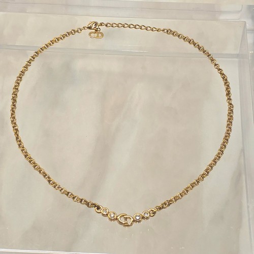 CHRISTIAN DIOR Petit CD Clair D Lune 17" gold metal necklace w/sparking crystals