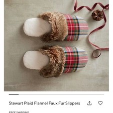 Pottery Barn Stewart Plaid Flannel Faux Fur Slippers Ivory Multi Large 10-11